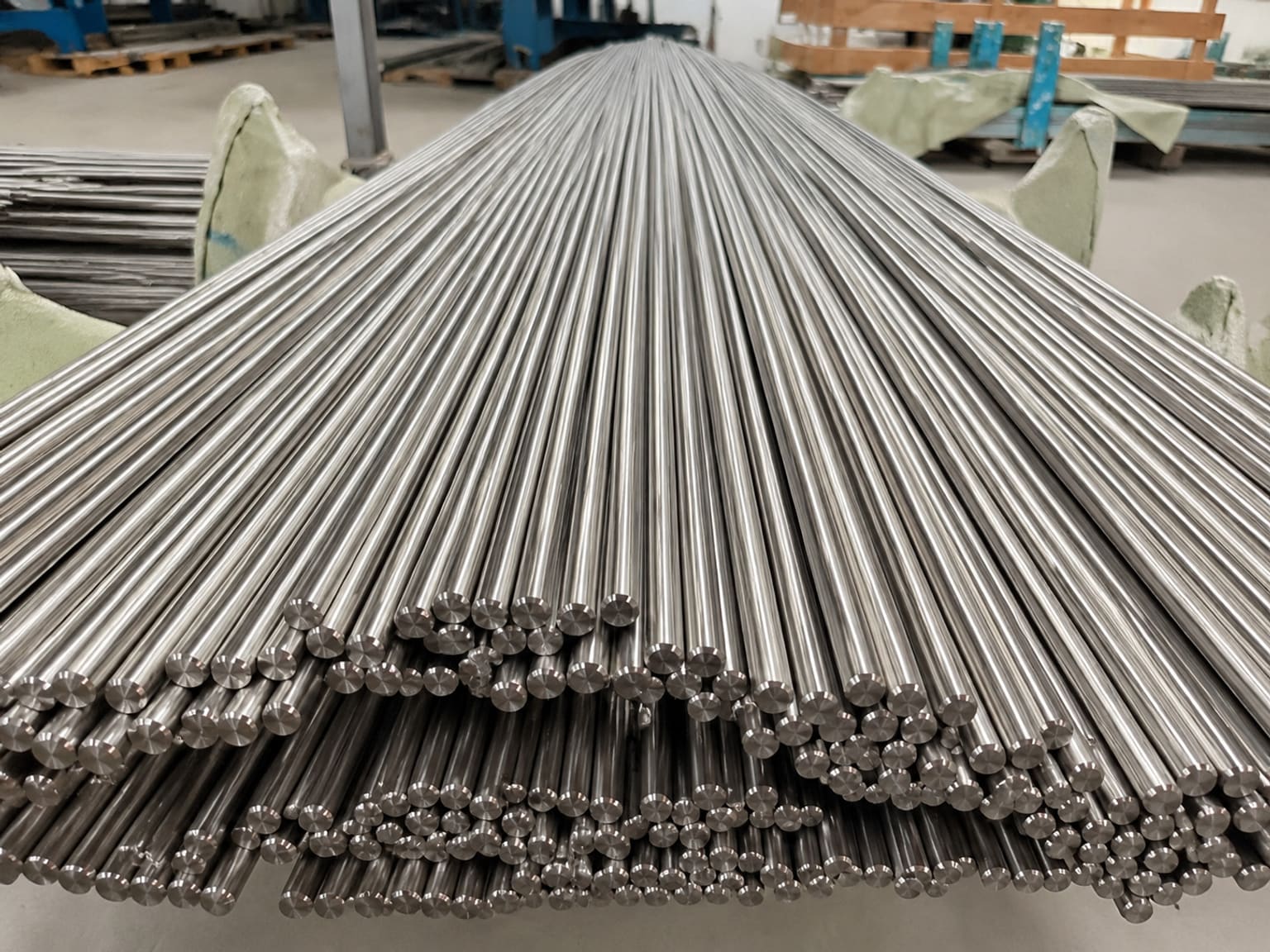 Round metal bar stock in a workshop